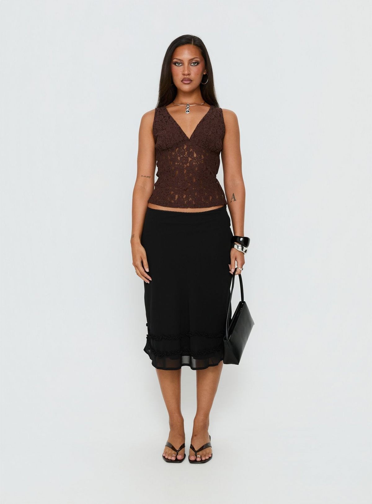 Aydinn Lace Plunge Neck Top Brown