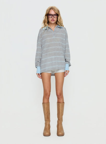 Aleka Long Sleeve Rugby Jersey Grey / Blue Stripe