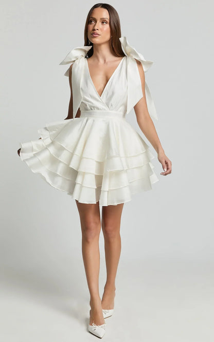 Roxanne Mini Dress - Shoulder Tie Plunge Ruffle Dress in White