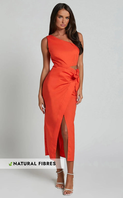 Rina Midi Dress - One Shoulder Side Cut Out Wrap Dress in Orange