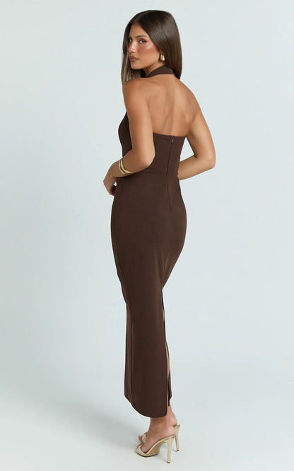 Salome Midi Dress - Halter Neck Column Dress in Dark Chocolate