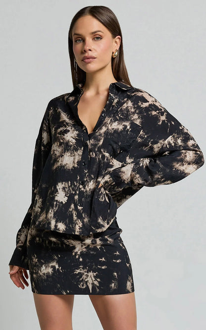 Romain Mini Skirt - High Waisted Printed Mini Skirt in Black Tie Dye
