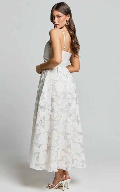 Philine Midi Dress - Jacquard Plunge Fit and Flare Dress in White