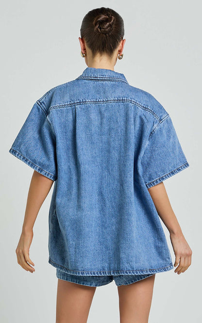 Rhianna Top - Oversized Recycled Denim Short Sleeve Shirt in Mid Blue Wash