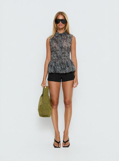 Bexlee Collared Chiffon Ruched Top Animal