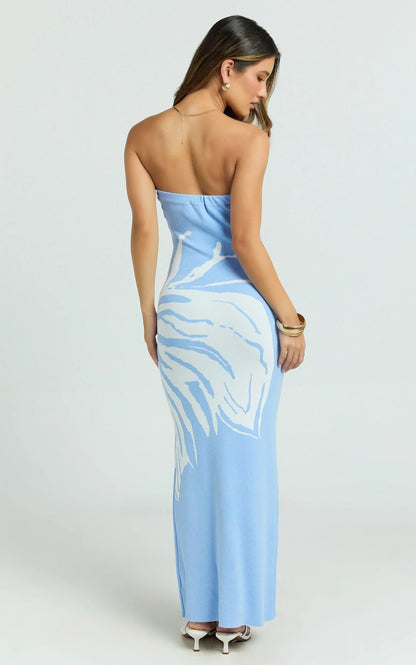 Rema Maxi Dress - Intarsia Floral Strapless Knitted Dress in Light Blue