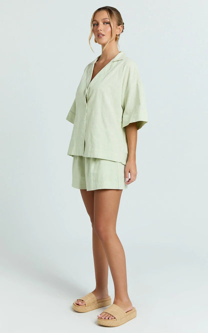 Saina Two Piece Set - Button Through Shirt and Drawstring Shorts Set in Sage