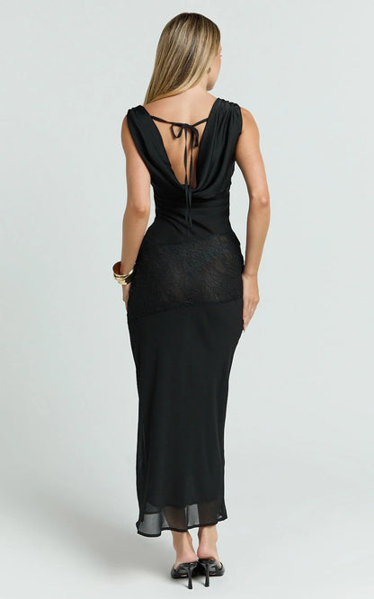 Nova Midi Dress - Lace Cowl Neck Tie Back Dress in Black