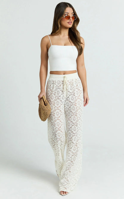 Roxy Pants - High Waist Lace Relaxed Drawstring Pants in Off White