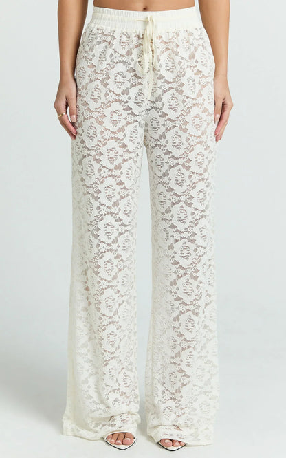 Roxy Pants - High Waist Lace Relaxed Drawstring Pants in Off White
