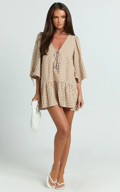 Nour Mini Dress - High Neck Tie Front Drop Waist Gathered Skirt Dress in Caramel/White Gingham