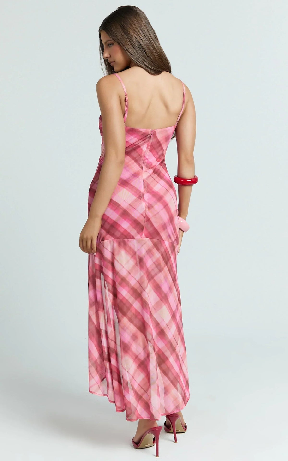 Pascal Midi Dress - Mesh Spaghetti Strap Split Dress in Cherry Check Print