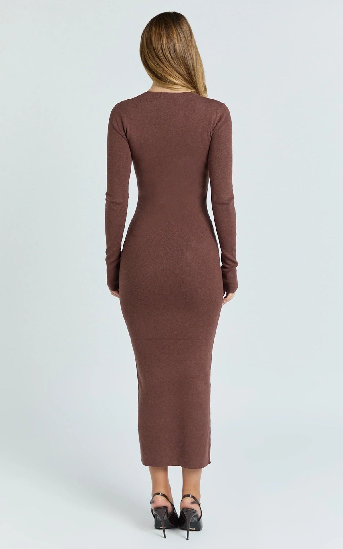 Odessa Midi Dress - U Neck Long Fitted Sleeve Sheer Waist Fitted Knit Dress in Chocolate