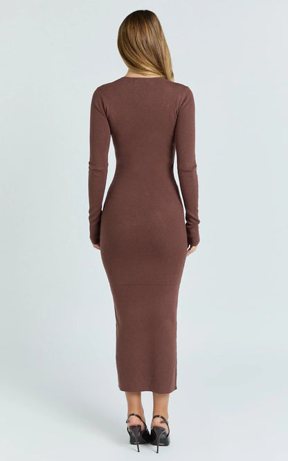 Odessa Midi Dress - U Neck Long Fitted Sleeve Sheer Waist Fitted Knit Dress in Chocolate