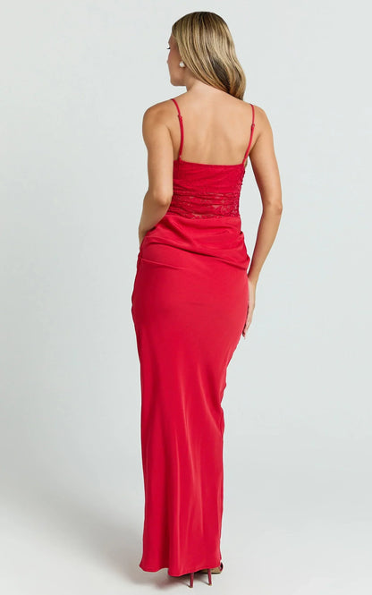 Rania Maxi Dress - Contrast Lace Bodice Bias Cowl Drop Waist Dress in Red