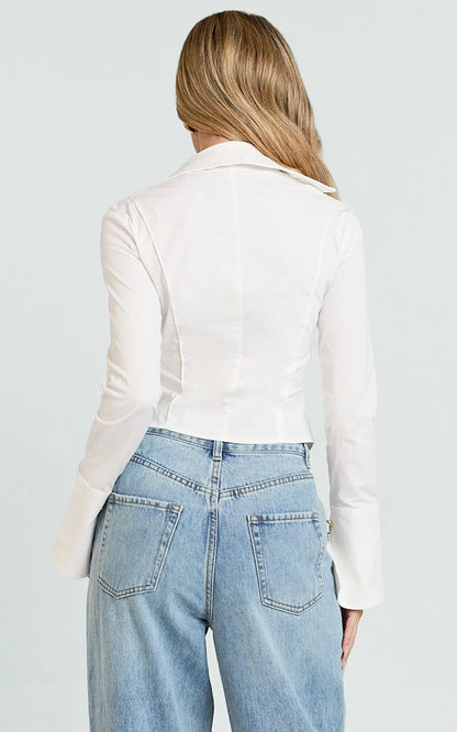 Olinka Top - V Neck Fitted Button Front Shirt in White