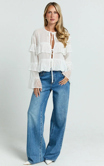 Safiya Top - Tie Front Ruffle Sleeve Blouse Top in White