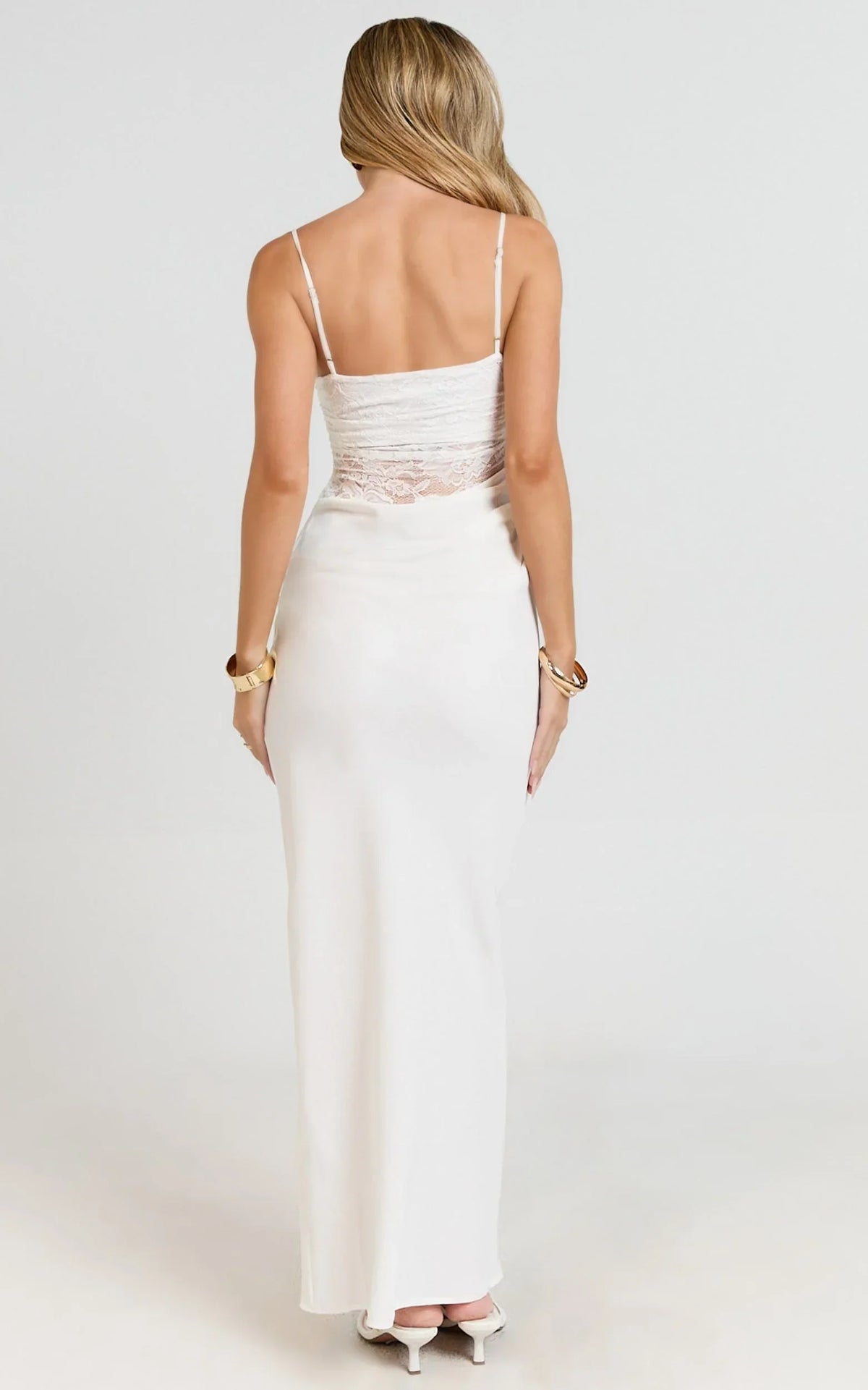 Rania Maxi Dress - Contrast Lace Bodice Bias Cowl Drop Waist Dress in Cream