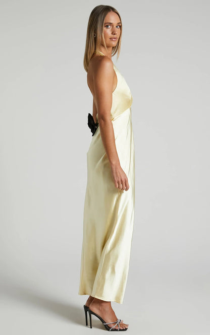Prima Maxi Dress - Plunge Satin Dress in Butter Yellow