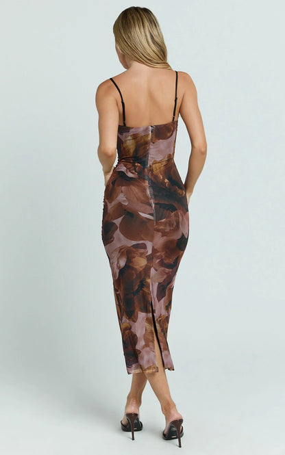 Rosalez Midi Dress - Strappy Ruched Bodycon Dress in Ember Floral
