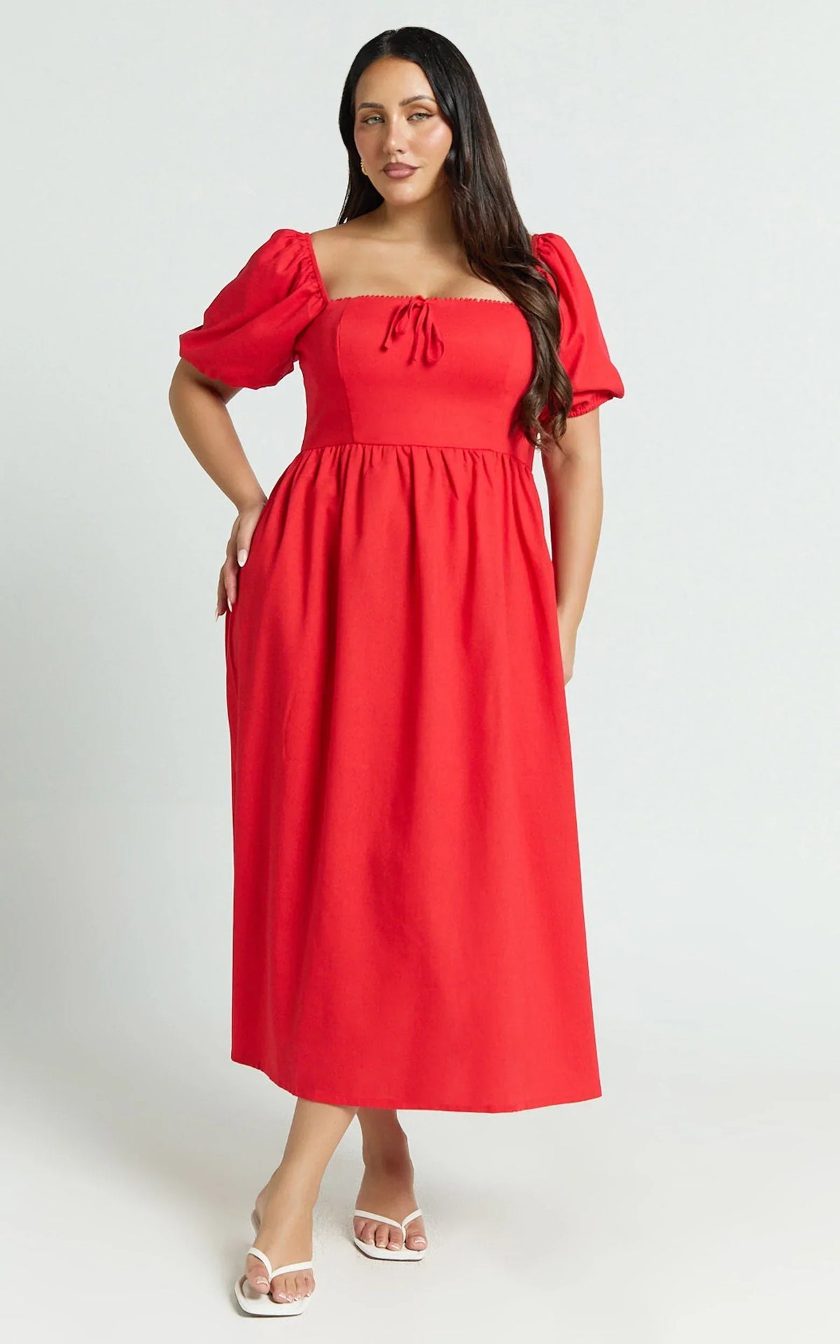 Quinn Midi Linen Blend Dress - Puff Sleeve Square Neck Dress in Red