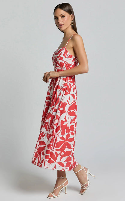 Nylia Midi Dress - Strappy Fit and Flare Dress in Red Floral