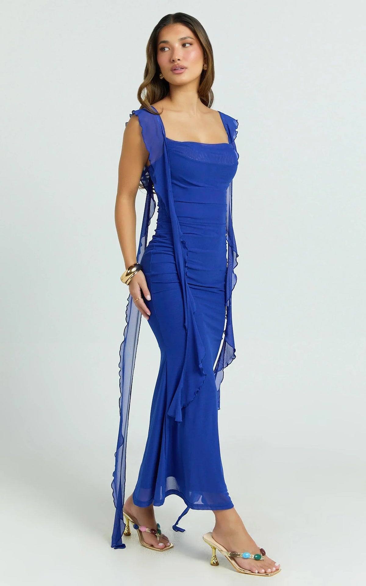 Rosha Midi Dress - Ruffle Strap Dress in Electric Blue