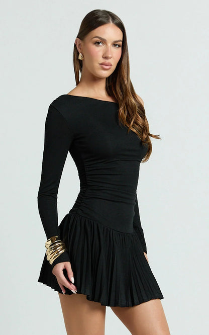 Presley Mini Dress - One Shoulder Ruched Side Pleated Fit And Flare Dress in Black