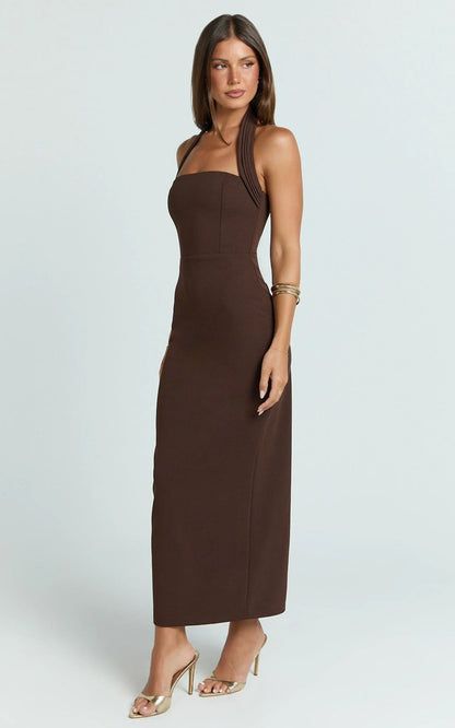 Salome Midi Dress - Halter Neck Column Dress in Dark Chocolate