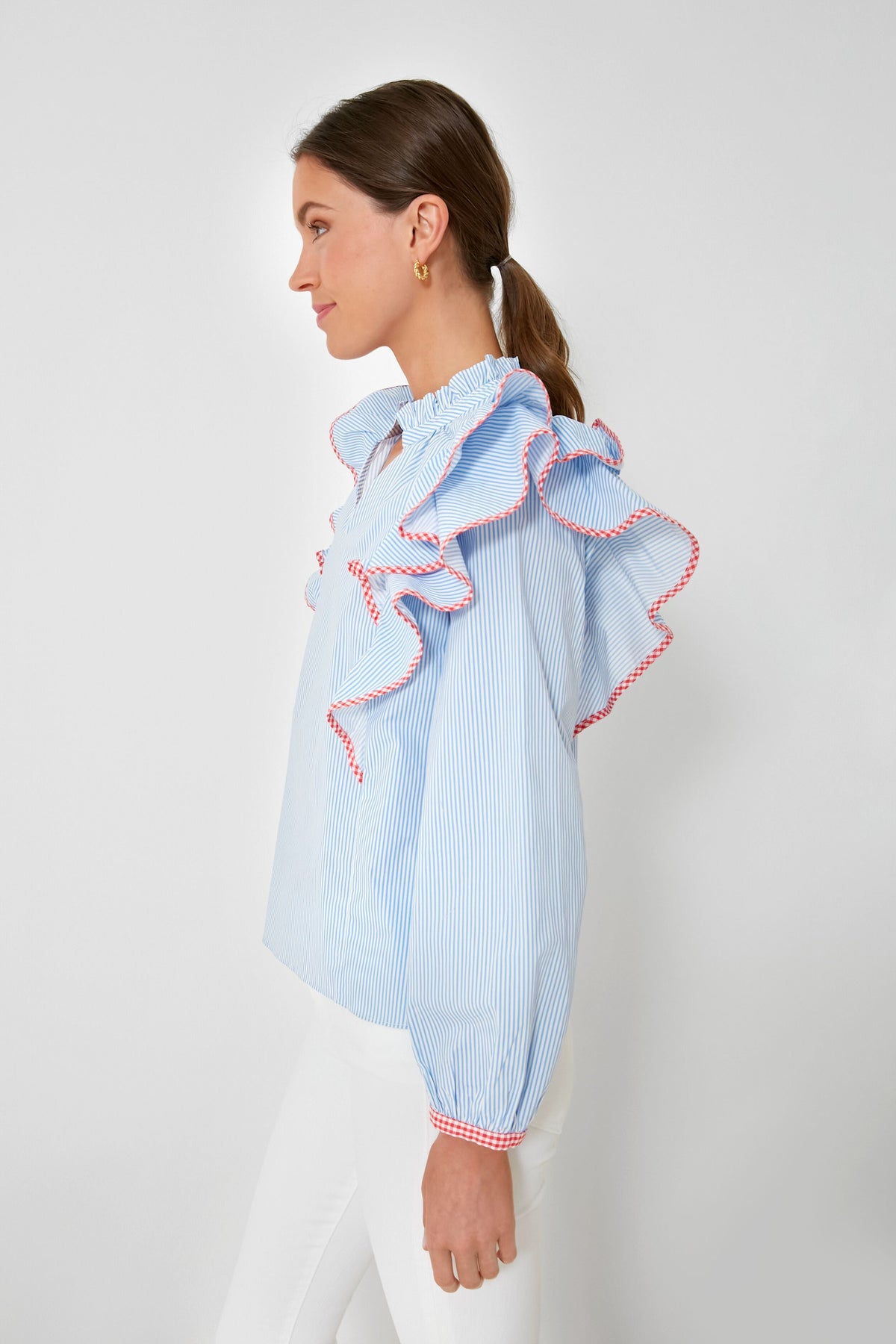 Blue Stripe Gingham Ruffle Holly Blouse