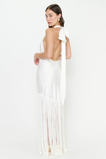 Jasmine Fringe Maxi Dress ~ Ivory Luxe Satin