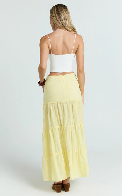 Rosalie Maxi Skirt - High Waist Tiered Maxi Skirt in Pastel Yellow