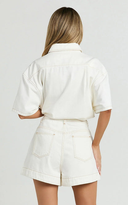 Rhianna Shorts - Mid Waist Recycled Denim Shorts in Ecru with Contrast Tobacco Stitch