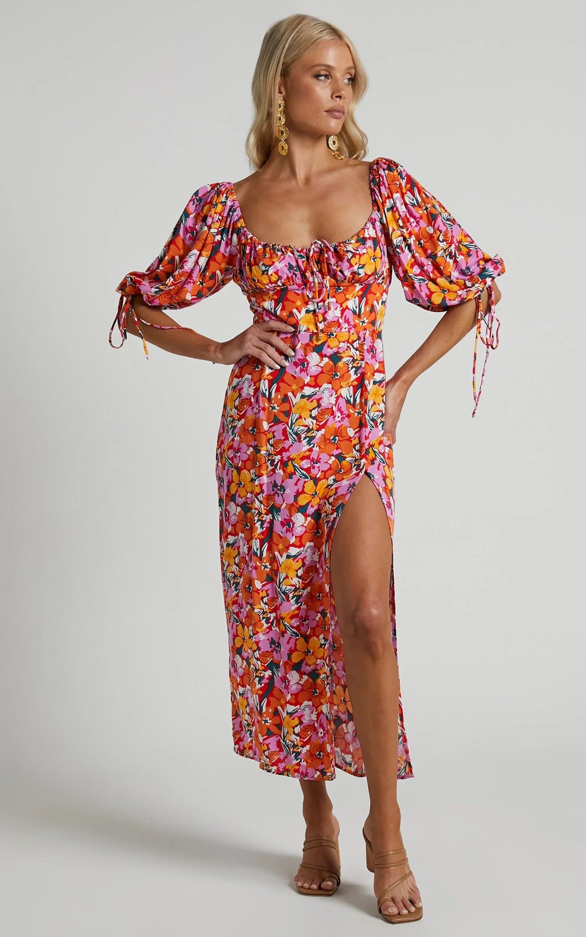 Rosario Midi Dress - Ruched Bust Puff Sleeve Dress in Spring Floral