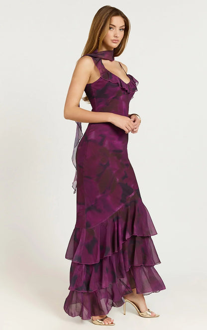 Riley Maxi Dress - Asymmetric Ruffle Detail Maxi Dress in Royal Adeana