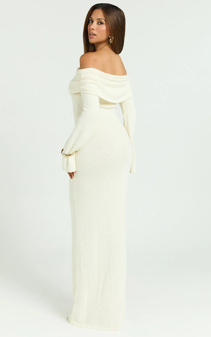 Pietra Maxi Dress - Knit Off Shoulder Dress in Cream