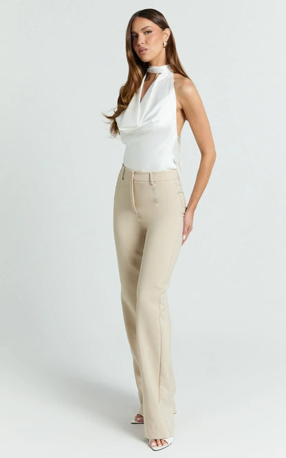 Sally Pants - Mid Waisted Straight Leg Tailored Pants in Putty