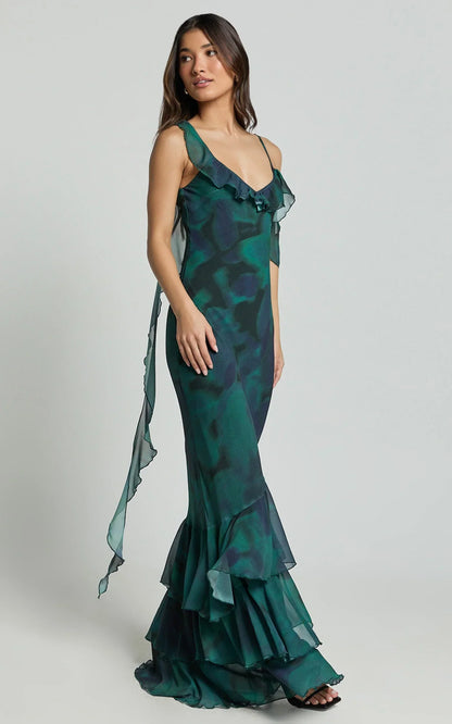 Riley Maxi Dress - Asymmetric Ruffle Detail Maxi Dress in Moss Adeana