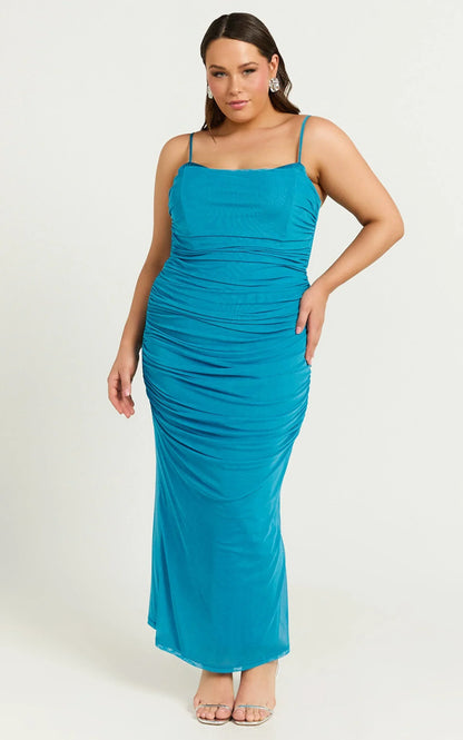 Rosalez Midi Dress - Strappy Ruched Bodycon Dress in Blue