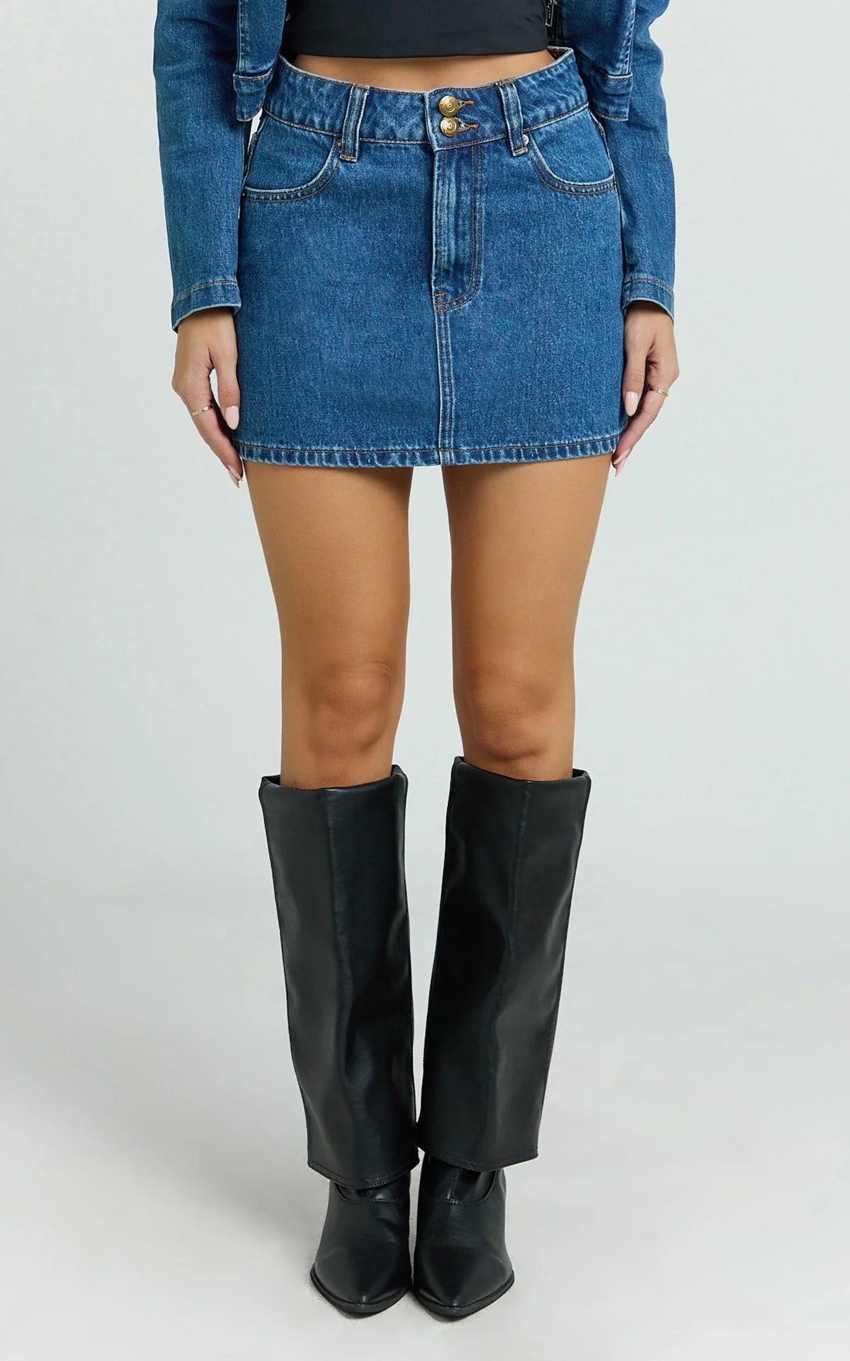 Pamela Mini Skirt - Low Rise Double Button Recycled Denim Skirt in Dark Blue Wash