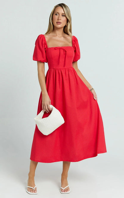 Quinn Midi Linen Blend Dress - Puff Sleeve Square Neck Dress in Red