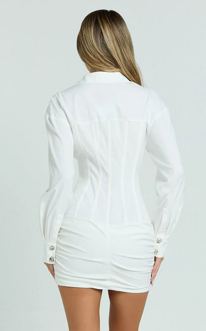 Rhylee Mini Dress - Collared Button Front Bodycon Shirt Dress in White