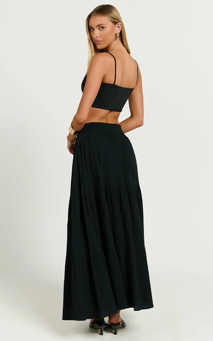 Ruby Midi Skirt - Shirred High Waist Cotton Tiered Skirt in Black