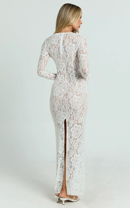 Paula Maxi Dress - Lace V Neck Long Sleeve Column Dress in White