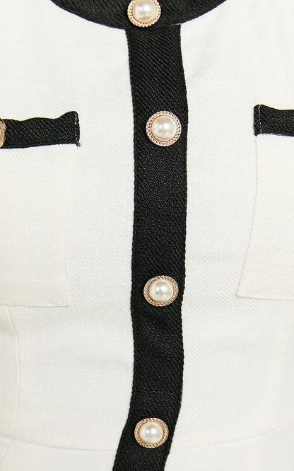 River Mini Dress - Boucle Button Through A Line Dress with Hardware Detail in White