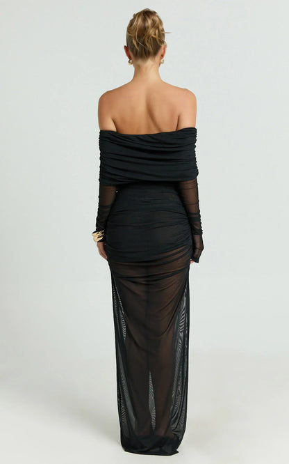 Roza Maxi Skirt - Mid Waist Sheer Mesh Skirt in Black