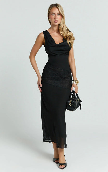 Nova Midi Dress - Lace Cowl Neck Tie Back Dress in Black
