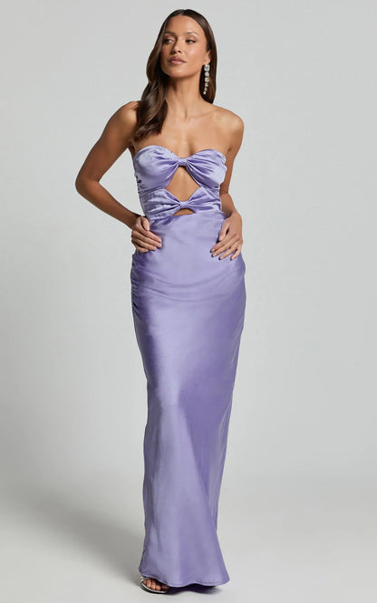 Oliver Maxi Dress - Satin Strapless Cut Out Dress in Lilac