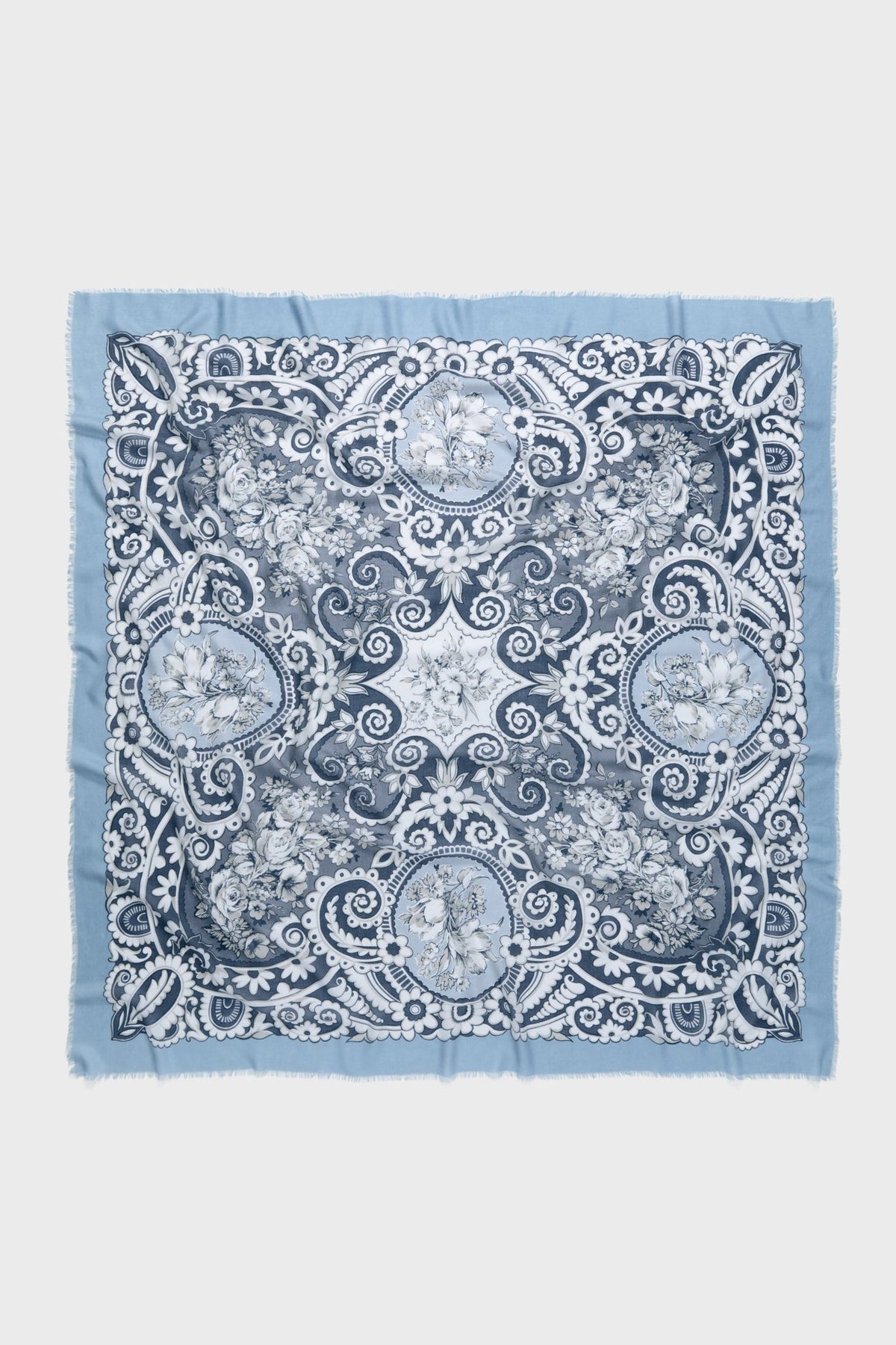 Blue Filigree Silk Cashmere Blend Large Scarf