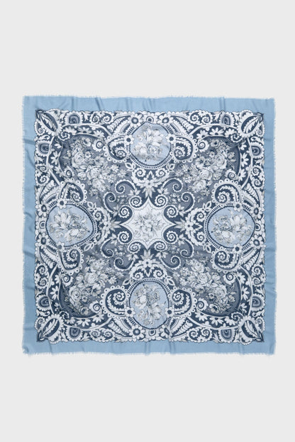Blue Filigree Silk Cashmere Blend Large Scarf